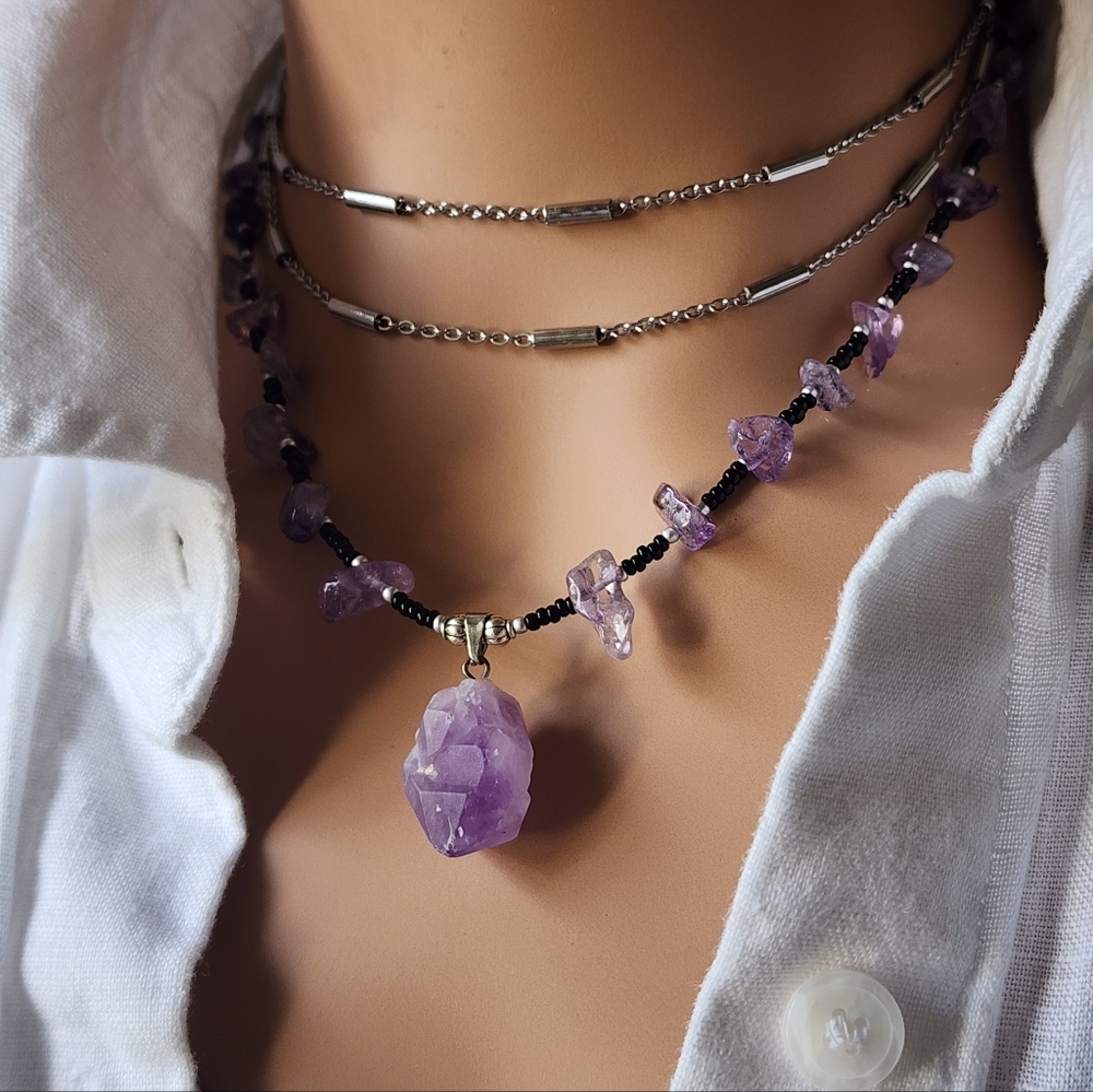 Irregular Natural Amethyst Genuine Stone 14k White Gold Plated chain Clasp